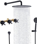 Three-Handle Wall Mounted Shower System With High Pressure 10-Inch Rain Shower Head And Handheld Sprayer, Complete Valve Shown