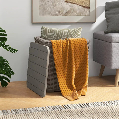 11.5 Gallon Waterproof Deck Box With Removable Lid And Faux Rattan Side Table For Outdoor Patio Storage, brown box with lid off