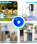 Collage of 5 Pack Silicone Water Jug Caps for 3 and 5 Gallon Bottles, showing various uses with dispensers and outdoor storage.