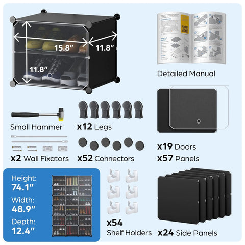 Space Saving Shoe Organizer Cabinet For Up To 72 Pairs With See Through Doors, Stackable Black Cubby components and assembly tools.
