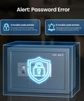 Digital interface of Home Safe Box With 0.6 Cu Ft Stash Space showing password error alert and security features.