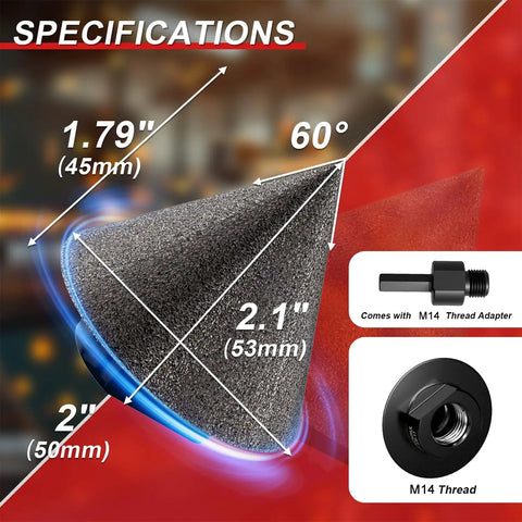 Diamond Chamfer Bit Set For Angle Grinder M14 Thread And Hex Shank Three Piece Two Inch Three Quarter Inch Diamond Finger Milling Bit For Enlarge And Shape Holes In Porcelain Ceramic Granite Marble Tile Dry And Wet Use with specifications diagram and M14 adapter image.