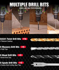 WORKPRO 455-piece drill and screwdriver bit set with titanium twist bits and case; includes masonry, wood, and spade bits.