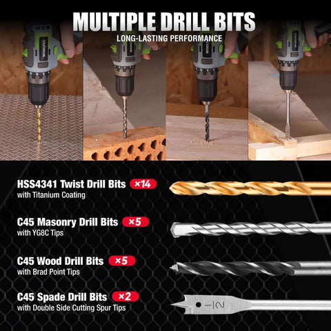 WORKPRO 455-piece drill and screwdriver bit set with titanium twist bits and case; includes masonry, wood, and spade bits.