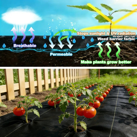 Heavy Duty 3.2oz Weed Barrier Landscape Fabric 3FT X 50FT Ground Cover For Garden Farm Yard And Driveway in use with tomato plants.