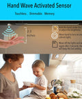 Illustration of Led Dimmable Under Cabinet Lighting Kit with hand wave activation and motion sensor above kitchen counter.