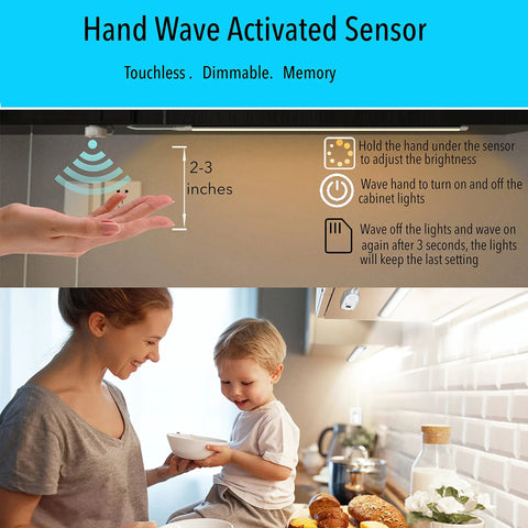 Illustration of Led Dimmable Under Cabinet Lighting Kit with hand wave activation and motion sensor above kitchen counter.