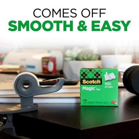 Six Rolls Of Ultra Clear Invisible Tape With Desktop Dispenser For Office Wrapping And Repairs Three Quarter Inch By One Thousand Inch Strong Adhesive Easy Tear No Fuss Desk Must Have next to green packaging on desk.