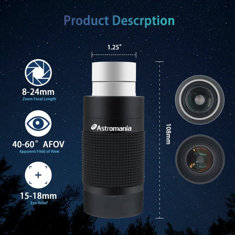 Image of 8-24mm Zoom Eyepiece For Telescope 1.25 Inch, Wide Field View 40 To 60 Degree, showing dimensions and features.