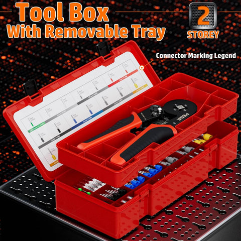Pro Grade Ferrule Crimping Tool Kit With Self Adjusting Ratchet For AWG 28 To 7 in open red toolbox with removable tray