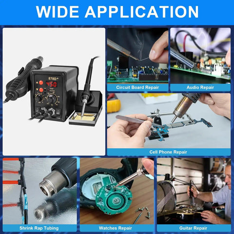 2 In 1 Hot Air Rework Soldering Station Kit with rapid heat up, dual independent control, showing wide applications including PCB work