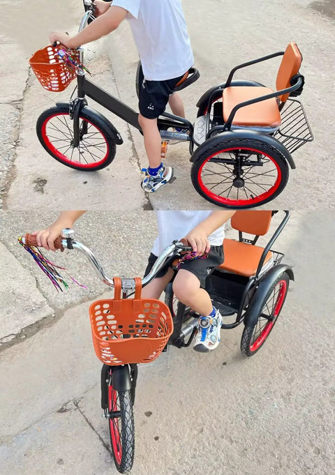 Cruise Ready Three Wheel Tricycle For Travel With Rear Passenger Seat Pedal Rickshaw Style Trike in use, child riding