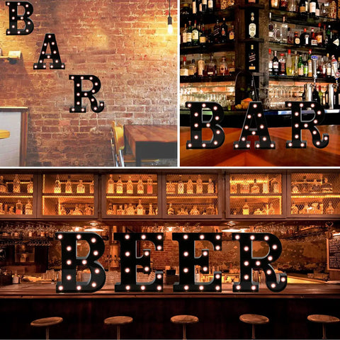 Bar Sign LED Marquee Letters Light Up Sign for Home Bar Night Light Party Decor Christmas Lamp Birthday Wedding Backdrop Black Finish Easy Plug In Create Instant Vibe displayed on a brick wall and bar shelf.
