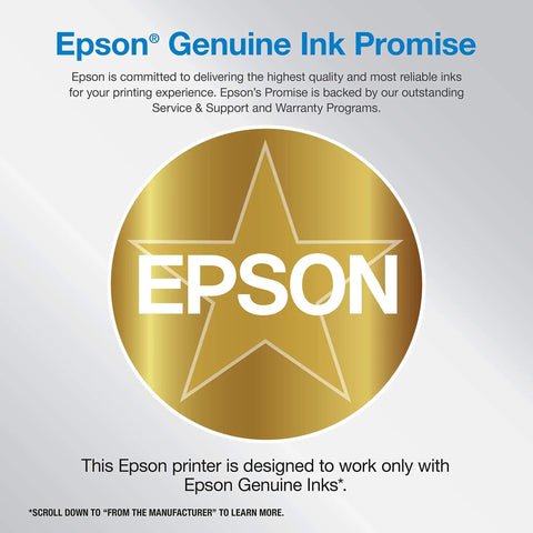Epson Genuine Ink Promise graphic for Heavy Duty Wireless Color Inkjet All In One Printer featuring high-quality inks.