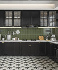 Modern kitchen with black cabinets against green backsplash showing 24 Inch By 196 Inch Black Wood Peel And Stick Wallpaper For Furniture Self Adhesive Film Durable Finish That Goes On Easy No Mess Waterproof And Stain Resistant Real Wood Texture.