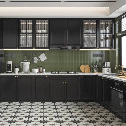 Modern kitchen with black cabinets against green backsplash showing 24 Inch By 196 Inch Black Wood Peel And Stick Wallpaper For Furniture Self Adhesive Film Durable Finish That Goes On Easy No Mess Waterproof And Stain Resistant Real Wood Texture.