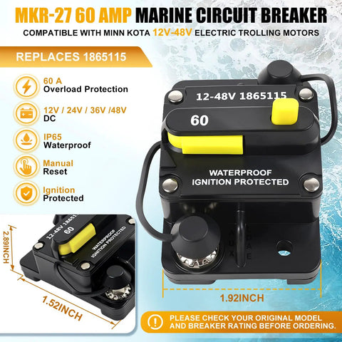 Slick 60 Amp Marine Circuit Breaker Replacement with waterproof housing for 12 to 48 Volt electric trolling motors.