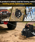 Lonsge 1000 Lb Portable Battery Winch With 40 Ft Steel Cable in use towing vehicle and hauling goods on sandy terrain.