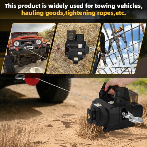 Lonsge 1000 Lb Portable Battery Winch With 40 Ft Steel Cable in use towing vehicle and hauling goods on sandy terrain.