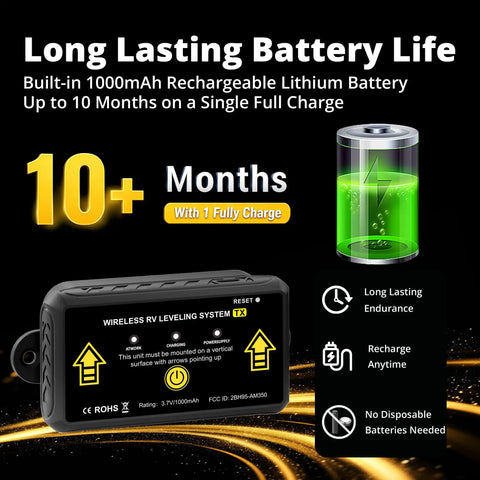 Wireless RV Leveling System With Real Time App showing battery life over 10 months and mobile control features.