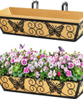 2 Pack 24 Inch Window Box Planters With Adjustable Brackets For Porch Fence Patio Balcony Hanging Flower Baskets Black Metal Outdoor Garden Decor With Woven Fabric And Elegant Butterfly Design, showing butterfly motifs and filled with flowers.