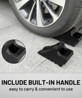 Solid Beefy Rubber Wheel Chocks Heavy Duty Trailer Chock Set GVW Up To 4T 2 Pack Black 8.6 X 3.7 X 4.7 Inches installed on car wheel