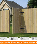 Rugged Heavy Duty Gate Hinges Delivering A Rock Solid 270 Degree Full Pivot Swing For Wood Fence And Barn Doors shown on a wooden gate.