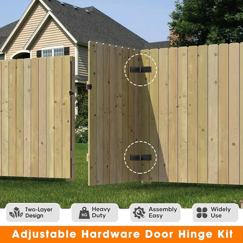 Rugged Heavy Duty Gate Hinges Delivering A Rock Solid 270 Degree Full Pivot Swing For Wood Fence And Barn Doors shown on a wooden gate.