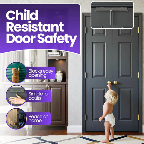 Slide-Lok Bi-Fold Door Lock Kid-Friendly Easy Install Child Safety Lock for Double Closet Doors, shown on dark door with child.