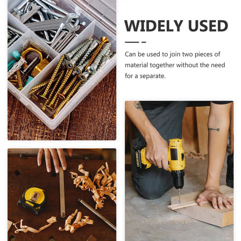 Stainless Steel Self Tapping Wood Screws Pan Head Set 100 Pieces in toolbox next to DIY assembly scene
