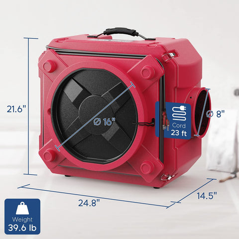 Pro Grade Heavy Duty Air Scrubber With 3 Stage Filtration Stackable Negative Air Machine, dimensions and weight shown