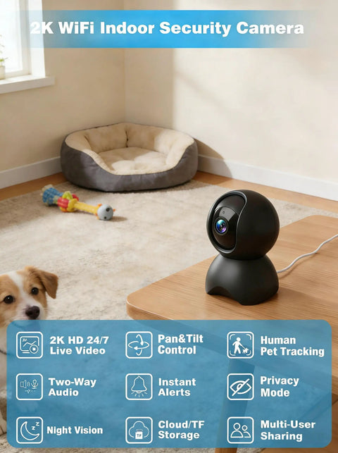 2K 5G Indoor Security Camera With Crying Detection AI Baby Monitor No Monthly Fees 360 Degree Pan Tilt WiFi Pet Camera on table