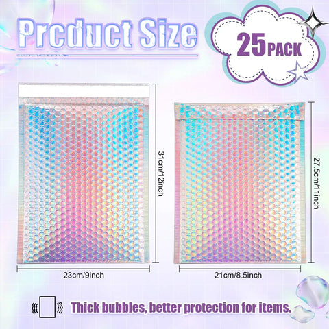 Dope Holographic Bubble Mailers 8 By 12 Inch 25 Pcs Metallic Bubble Mailers size chart showing exterior and interior dimensions.