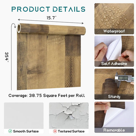Peel And Stick Butcher Block Countertop Wallpaper Waterproof Wood Grain Vinyl Roll details with size, texture, and features.