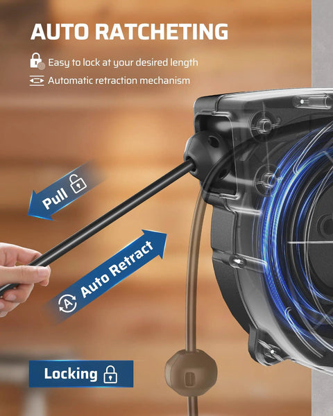 Heavy Duty 50 Foot Retractable Extension Cord Reel Rock Solid Sjtow Cables shown with auto retraction mechanism in action.