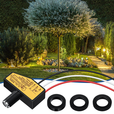 DC Photoelectric Switch Dusk To Dawn Sensor For Outdoor Lighting 8V To 50V Wide Voltage Range 5A Load, shown with garden lighting