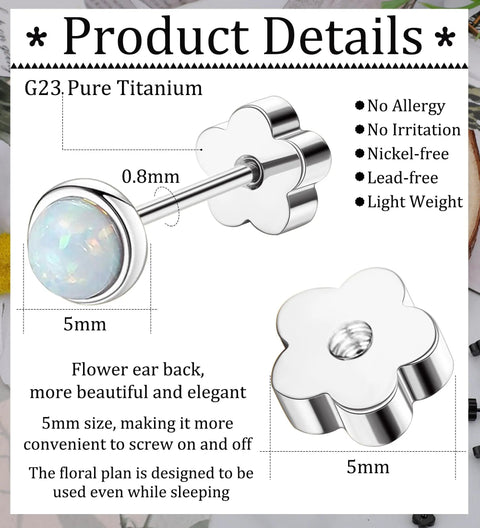 Drop Dead Stunning Opal Studs Flat Back Titanium Earrings For Women Hypoallergenic Screw Back Jewelry, showing 5mm size with floral ear back.