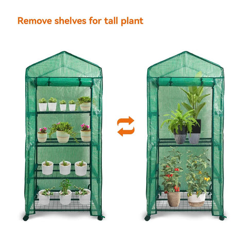 4 Tier Portable Greenhouse Kit With Casters And Roll Up Zipper PE Cover For Indoor Outdoor Seedlings And Plants, removable shelves