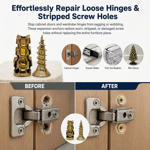 Heavy Duty 6x14mm Short Expansion Screws Kit For Cabinet Door Hinge Repair And Stripped Thread Fix, before and after images.
