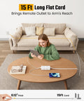 Top Shelf 15 Ft Extension Cord With Super Slim Flat Plug And Ten Spacious Outlets Including Six AC Jacks Two Quick Charge USB C Ports And Two Standard USB A Pads For No Nonsense Multi Gadget Charging At Home Or On The Road, flat plug, compact design, user with tablet, living room setup
