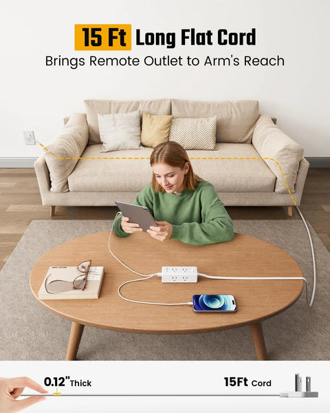 Top Shelf 15 Ft Extension Cord With Super Slim Flat Plug And Ten Spacious Outlets Including Six AC Jacks Two Quick Charge USB C Ports And Two Standard USB A Pads For No Nonsense Multi Gadget Charging At Home Or On The Road, flat plug, compact design, user with tablet, living room setup