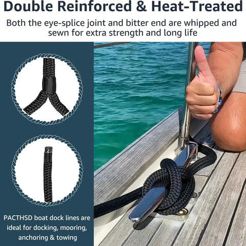 Two Pack Half Inch By Twenty Foot Dock Lines With Twelve Inch Loop For Docking And Mooring, black rope on boat cleat