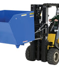 Heavy Duty Low Profile Self Dumping Hopper Rated At Six Thousand Pounds mounted on a forklift for bulk material transfer.
