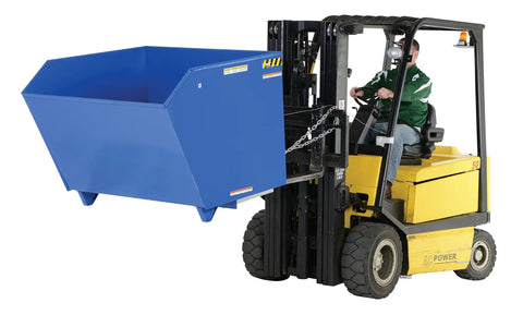 Heavy Duty Low Profile Self Dumping Hopper Rated At Six Thousand Pounds mounted on a forklift for bulk material transfer.