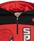 Little Boys Spider-Man Fleece Half Zip Hoodie Red And Black Size 7 Cozy Soft Hooded Sweatshirt Officially Licensed With Easy On Off Zip Ribbed Cuffs And Hood Lining Plus Screen Printed Hero Graphic For Play And School, close view of zipper and hood