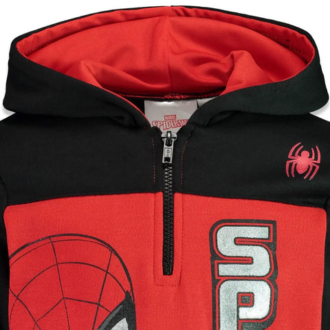 Little Boys Spider-Man Fleece Half Zip Hoodie Red And Black Size 7 Cozy Soft Hooded Sweatshirt Officially Licensed With Easy On Off Zip Ribbed Cuffs And Hood Lining Plus Screen Printed Hero Graphic For Play And School, close view of zipper and hood