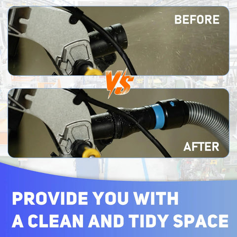 16 Foot Dust Collection Hose Kit with Six Universal Adapters showing before and after cleaning effect on sander tool