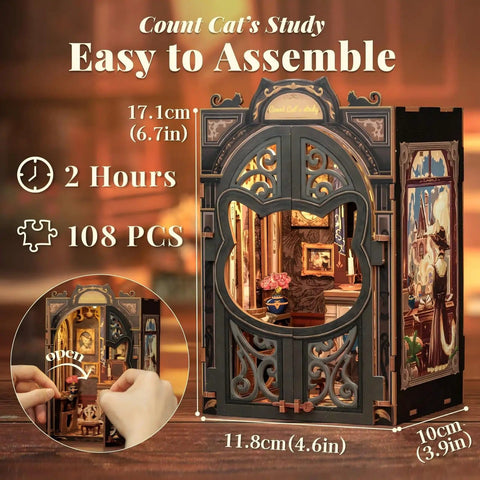 Count Cat's Study Book Nook Kit DIY Miniature Dollhouse For Grownups, 3D Wooden Puzzles, 108 Pieces, Cozy Reading Nook Diorama