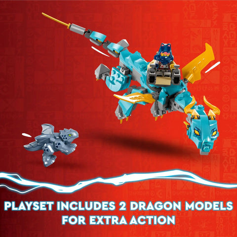 Ninjago Destiny's Bounty Race Against Time 71797 set showing two dragon models against red background with text overlay