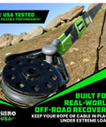 Heavy Duty Snatch Block For Winch Recovery 13.5 Ton Pulley With Aerospace Polymer Sheave And Powder Coated Drop Forged Steel Frame Built Tough For Synthetic Rope And Steel Cable Up To Three Eighths Inch American Owned Family Operated, off-road recovery close-up